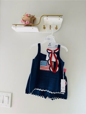 J. Crew Navy Blue Kids Matching Set with American Flag Patch and Red-White Trim